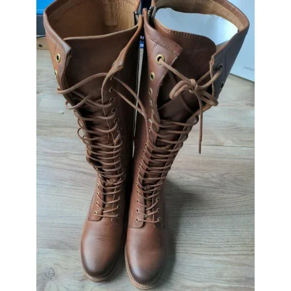 Frye Veronica Tall Lace Up Boots Womens 9.5 B Cognac Brown Knee High Combat - Picture 2 of 10